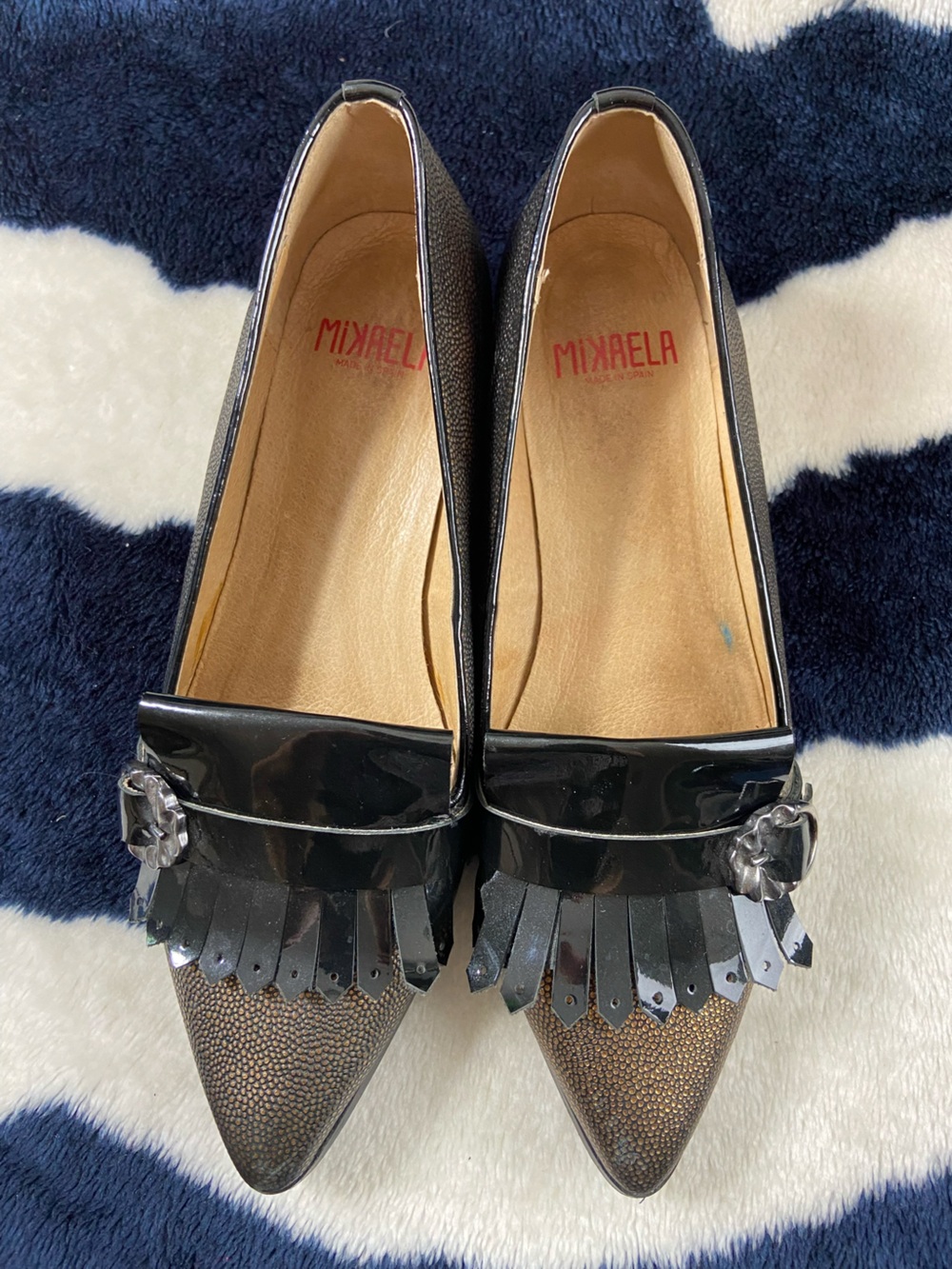 Mikaela Leather Pointed Copper Bronze Fringe Loafers Flats 38
